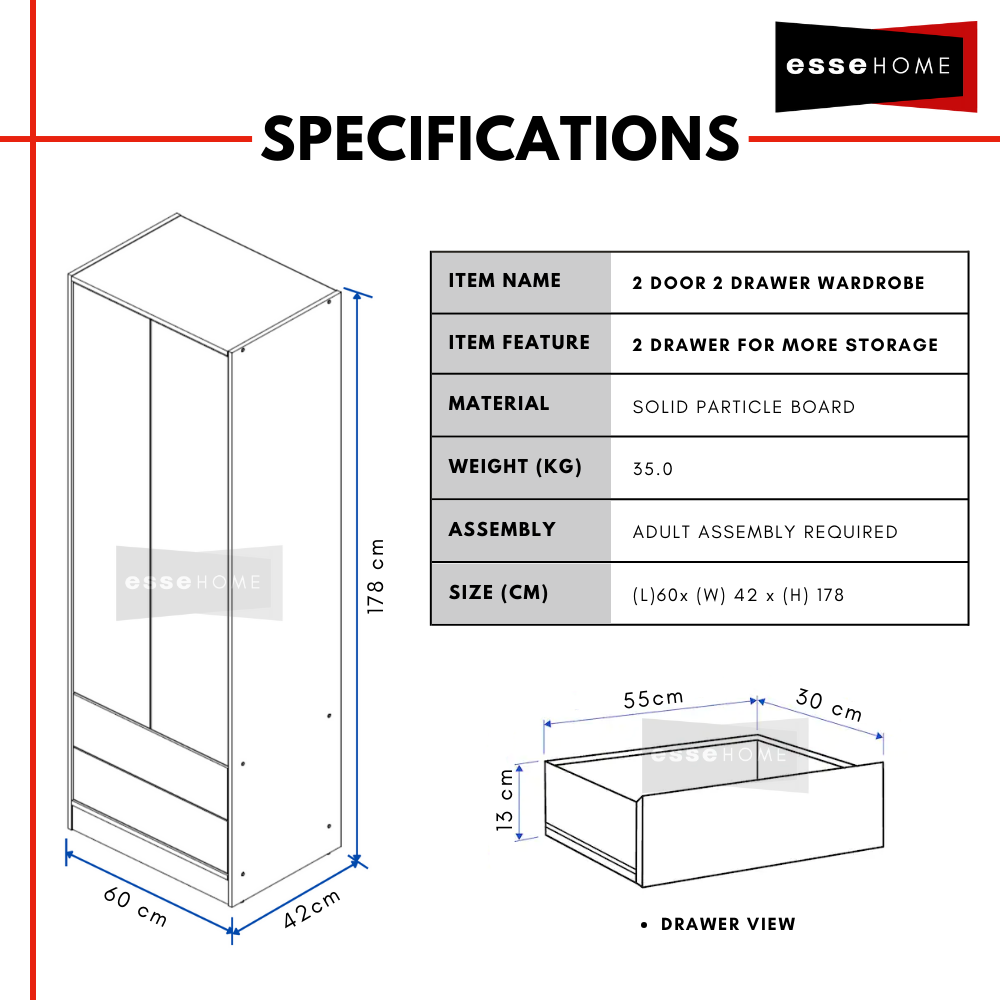 2 Door 2 Drawer Wardrobe 178cm — 4