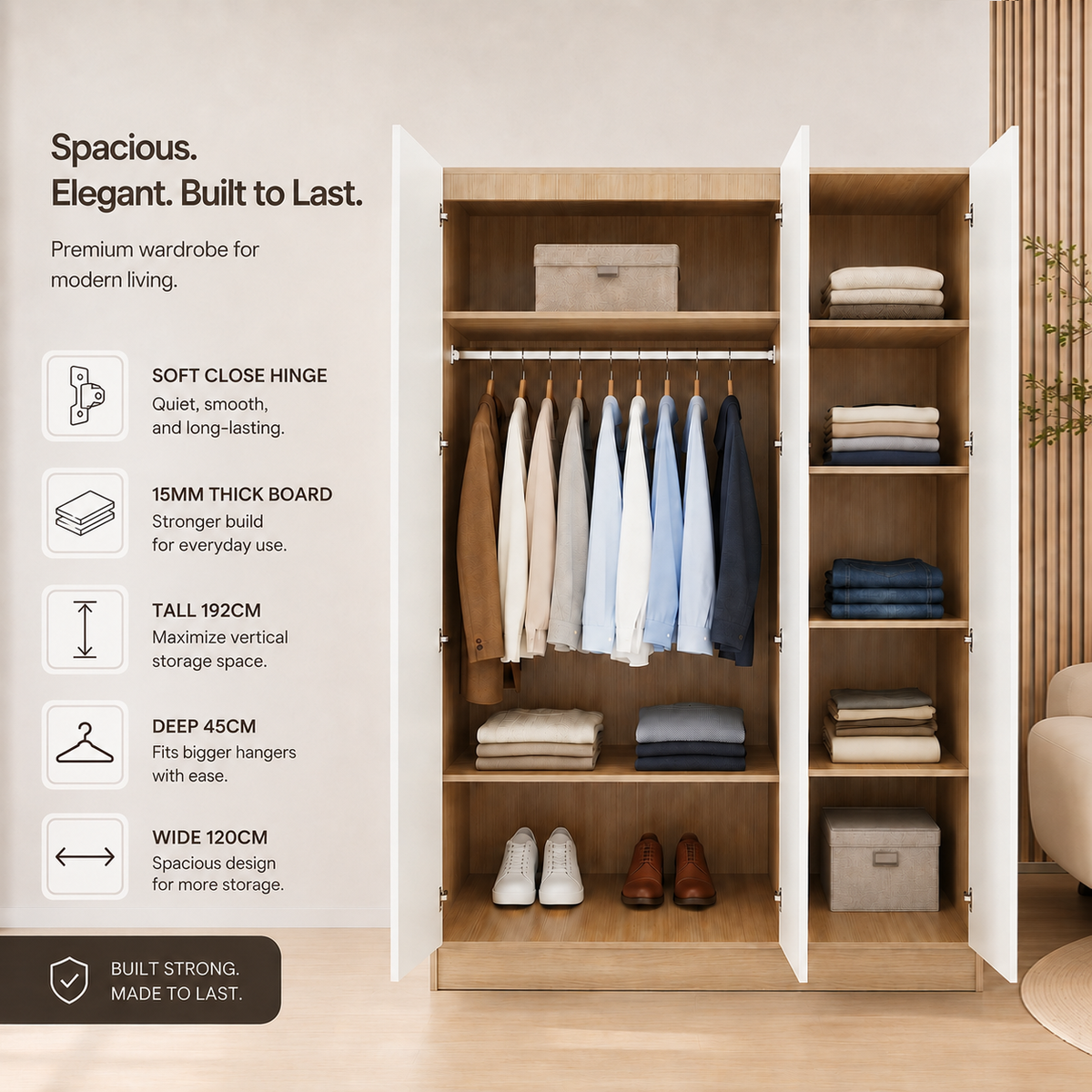 Alo Premium 3 Door Wardrobe H192cm W120cm D45cm — 4