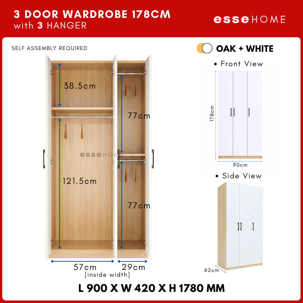 3 Door Wardrobe 178cm