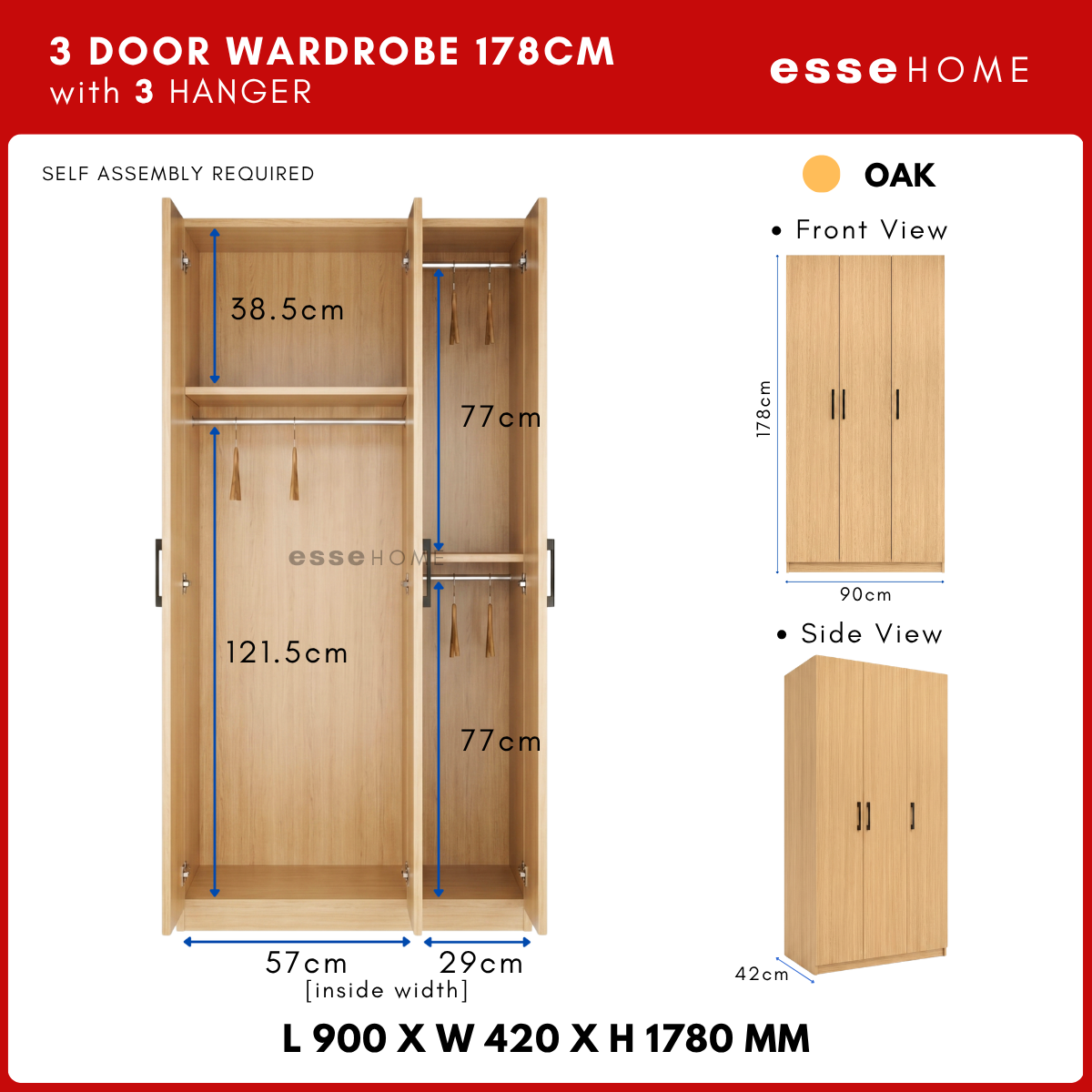 3 Door Wardrobe 178cm