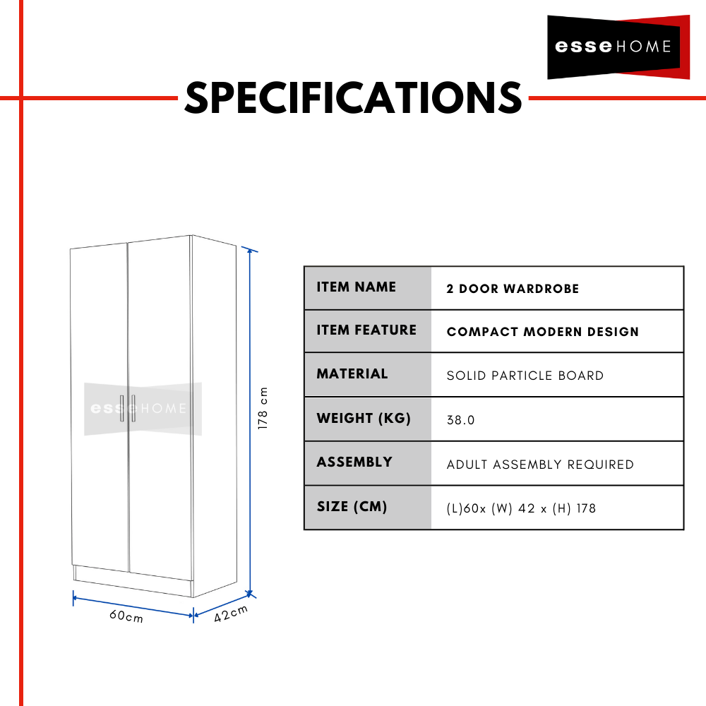 2 Door Wardrobe 178cm — 5
