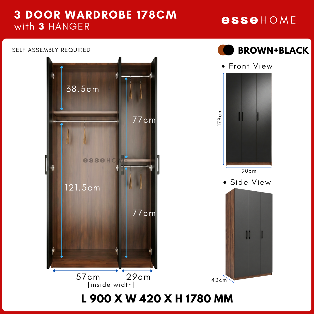3 Door Wardrobe 178cm