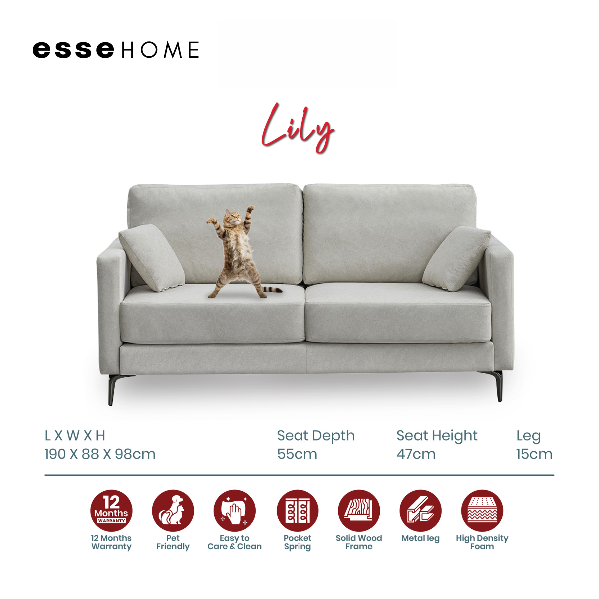 Sofa Lily 3 Seater Easy Clean Fabric with Pocket Spring — 4