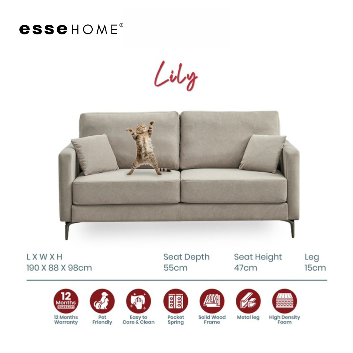 Sofa Lily 3 Seater Easy Clean Fabric with Pocket Spring — 9