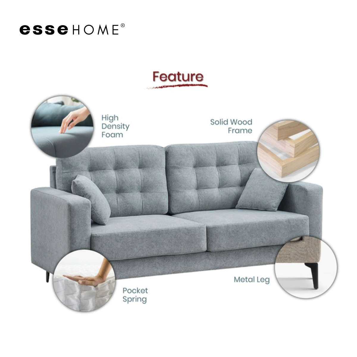 Sofa Lexie 3 Seater Easy Clean Fabric with Pocket Spring — 5