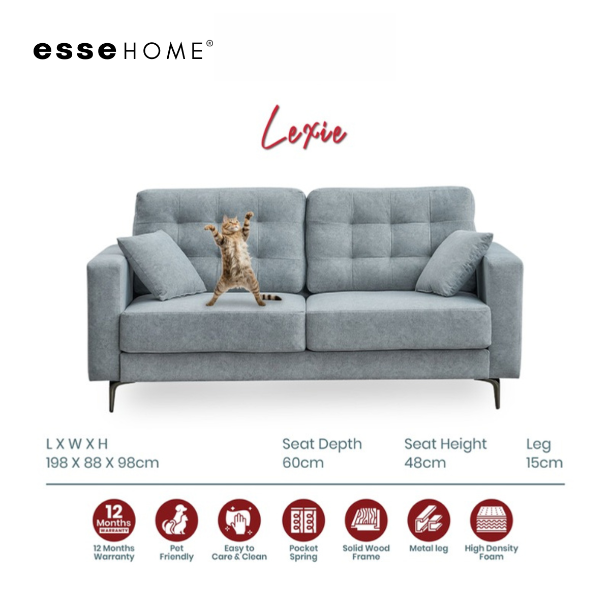 Sofa Lexie 3 Seater Easy Clean Fabric with Pocket Spring — 4